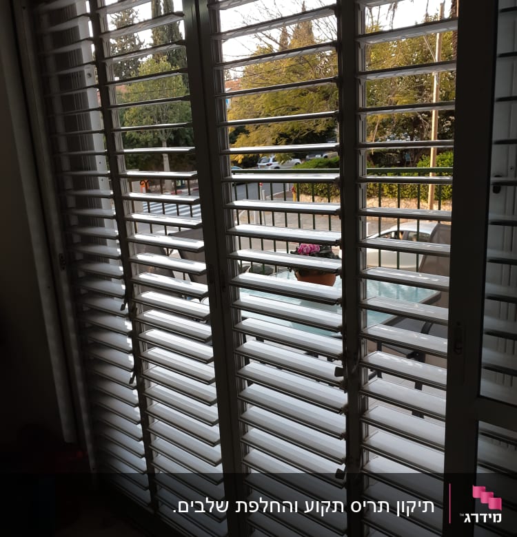 תריסים לבנים על חלון זכוכית עם נוף חיצוני